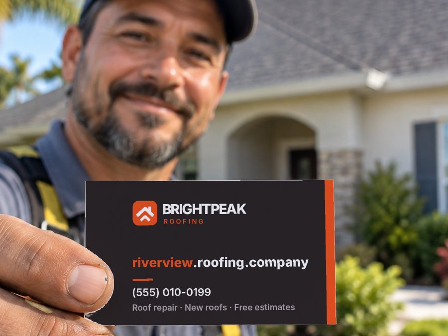 riverview.roofing.company on a roofer's business card