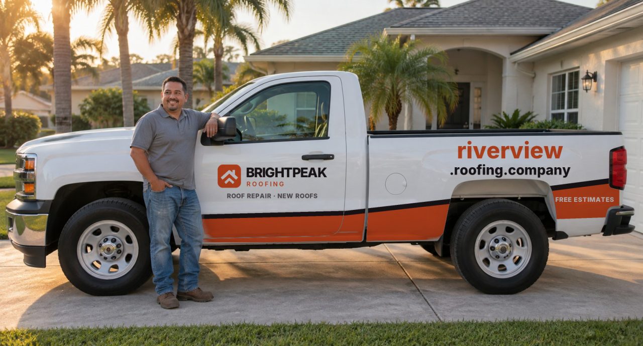 riverview.roofing.company painted on the side of a white work truck